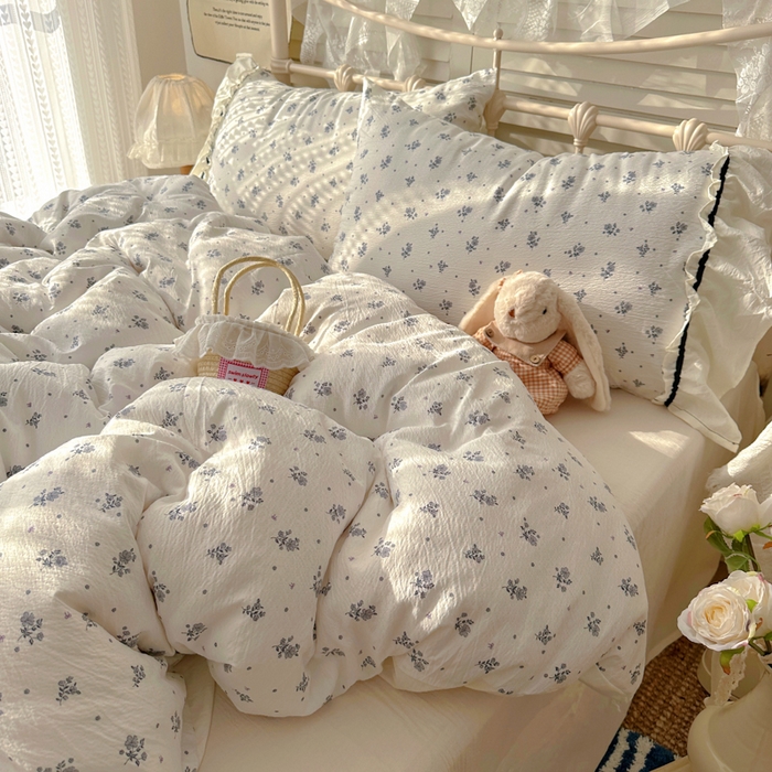 91家纺网 家纺一手货源 找家纺 阿曼达 2025新款韩系法式慵懒氛围感印花泡芙花边四件套（专版花型）-樱花泡芙 樱花泡芙-木槿白