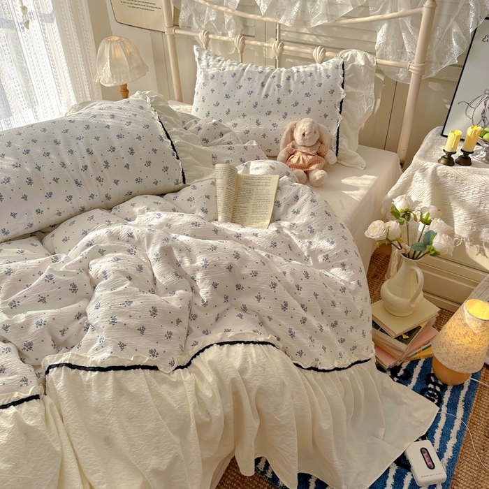 91家纺网 家纺一手货源 找家纺 阿曼达 2025新款韩系法式慵懒氛围感印花泡芙花边四件套（专版花型）-樱花泡芙 樱花泡芙-木槿白
