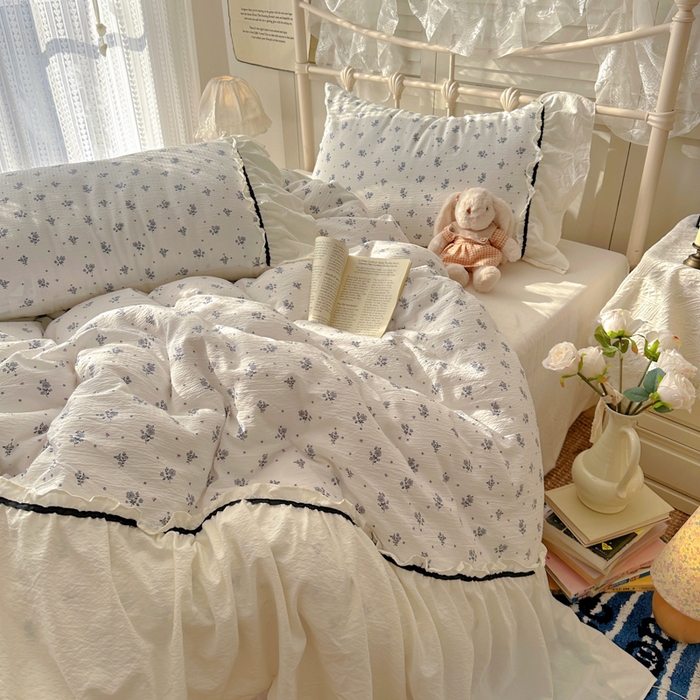 91家纺网 家纺一手货源 找家纺 阿曼达 2025新款韩系法式慵懒氛围感印花泡芙花边四件套（专版花型）-樱花泡芙 樱花泡芙-木槿白