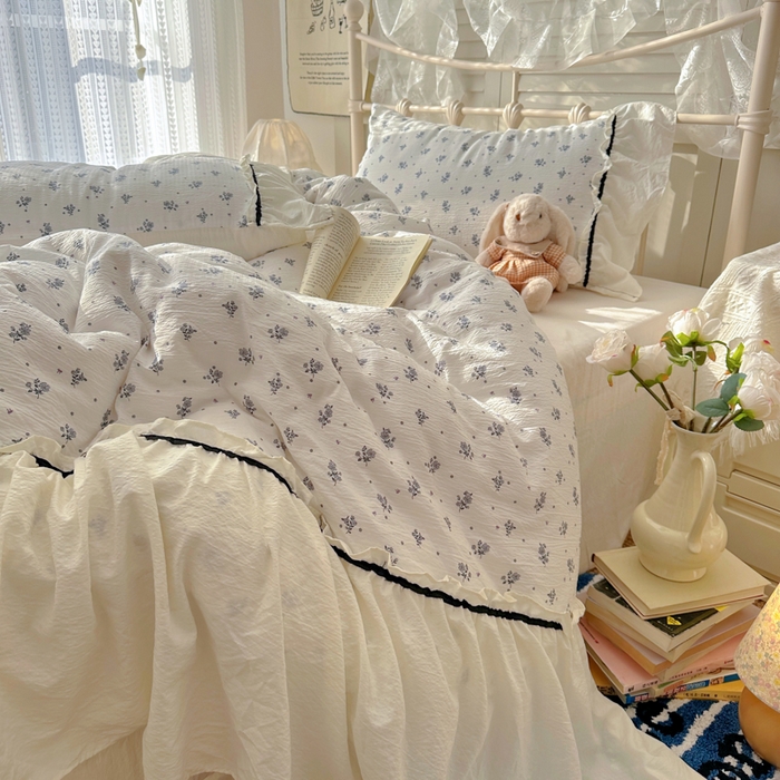 91家纺网 家纺一手货源 找家纺 阿曼达 2025新款韩系法式慵懒氛围感印花泡芙花边四件套（专版花型）-樱花泡芙 樱花泡芙-木槿白