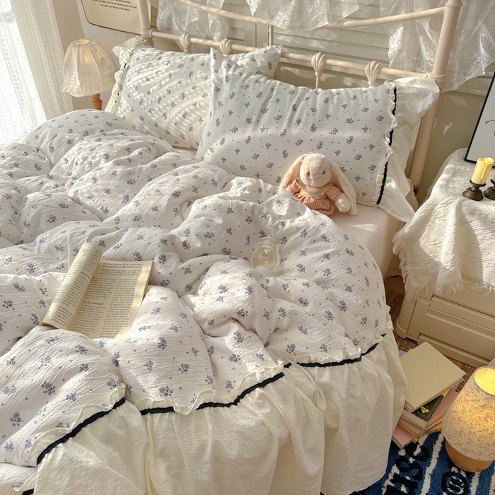 91家纺网 家纺一手货源 找家纺 阿曼达 2025新款韩系法式慵懒氛围感印花泡芙花边四件套（专版花型）-樱花泡芙 樱花泡芙-木槿白