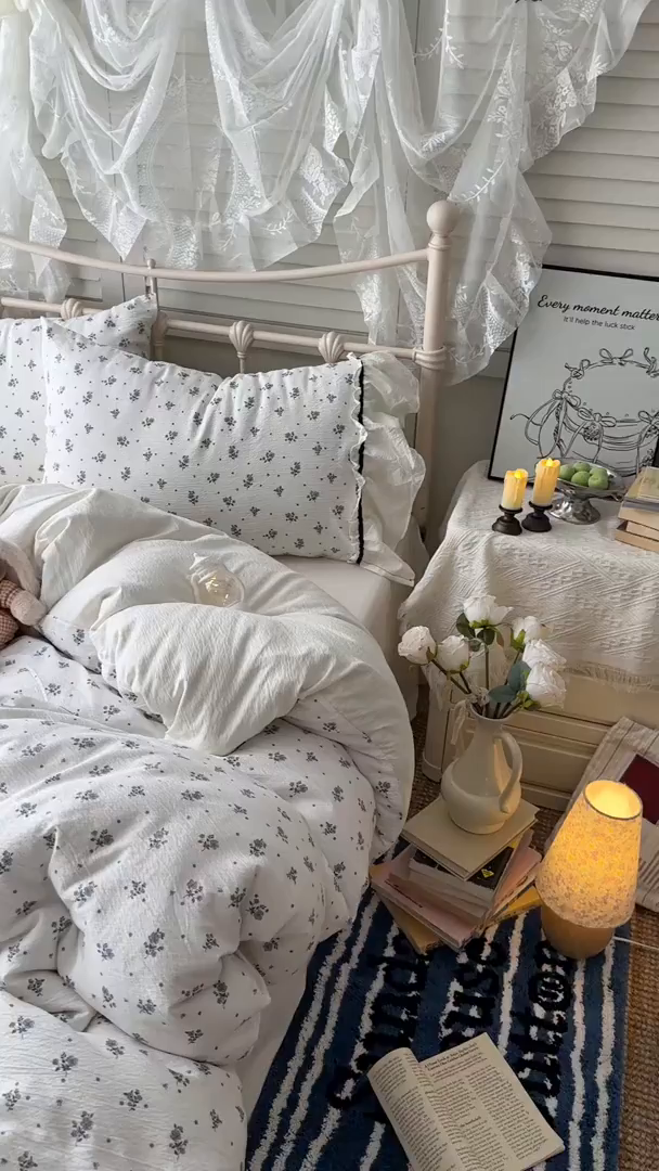 91家纺网 家纺一手货源 找家纺 阿曼达 2025新款韩系法式慵懒氛围感印花泡芙花边四件套（专版花型）-樱花泡芙 樱花泡芙-木槿白