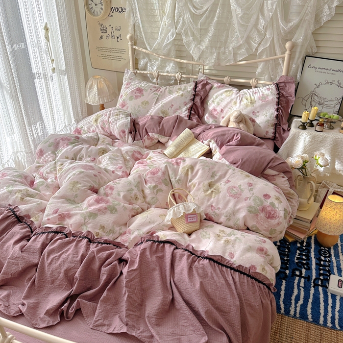 91家纺网 家纺一手货源 找家纺 阿曼达 2025新款韩系法式慵懒氛围感印花泡芙花边四件套（专版花型）-樱花泡芙 樱花泡芙-柔柔