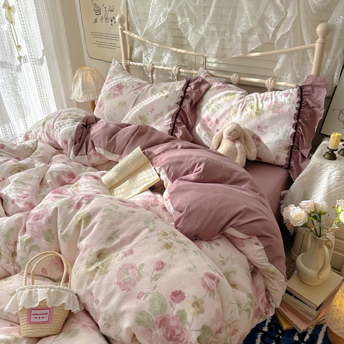 91家纺网 家纺一手货源 找家纺 阿曼达 2025新款韩系法式慵懒氛围感印花泡芙花边四件套（专版花型）-樱花泡芙 樱花泡芙-柔柔