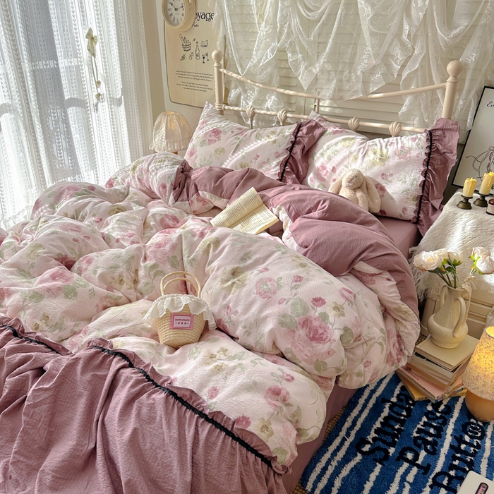 91家纺网 家纺一手货源 找家纺 阿曼达 2025新款韩系法式慵懒氛围感印花泡芙花边四件套（专版花型）-樱花泡芙 樱花泡芙-柔柔