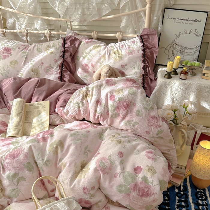 91家纺网 家纺一手货源 找家纺 阿曼达 2025新款韩系法式慵懒氛围感印花泡芙花边四件套（专版花型）-樱花泡芙 樱花泡芙-柔柔