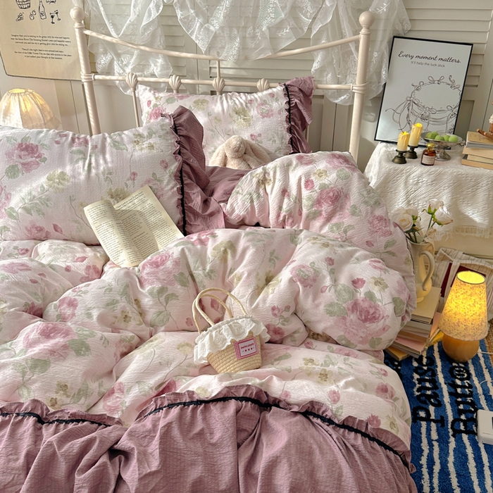 91家纺网 家纺一手货源 找家纺 阿曼达 2025新款韩系法式慵懒氛围感印花泡芙花边四件套（专版花型）-樱花泡芙 樱花泡芙-柔柔