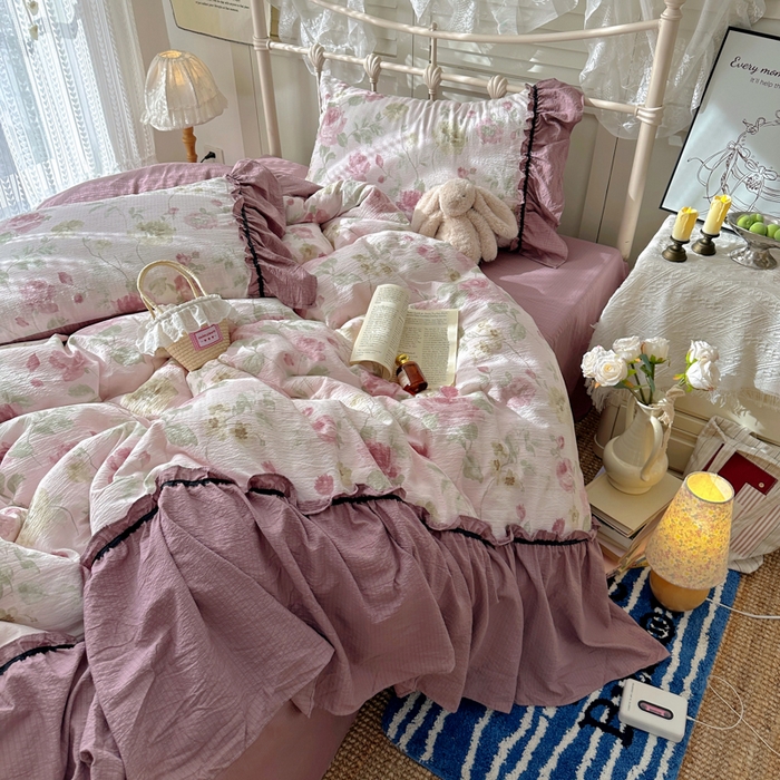 91家纺网 家纺一手货源 找家纺 阿曼达 2025新款韩系法式慵懒氛围感印花泡芙花边四件套（专版花型）-樱花泡芙 樱花泡芙-柔柔
