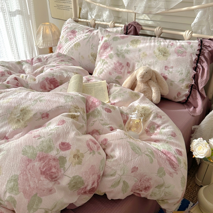 91家纺网 家纺一手货源 找家纺 阿曼达 2025新款韩系法式慵懒氛围感印花泡芙花边四件套（专版花型）-樱花泡芙 樱花泡芙-柔柔