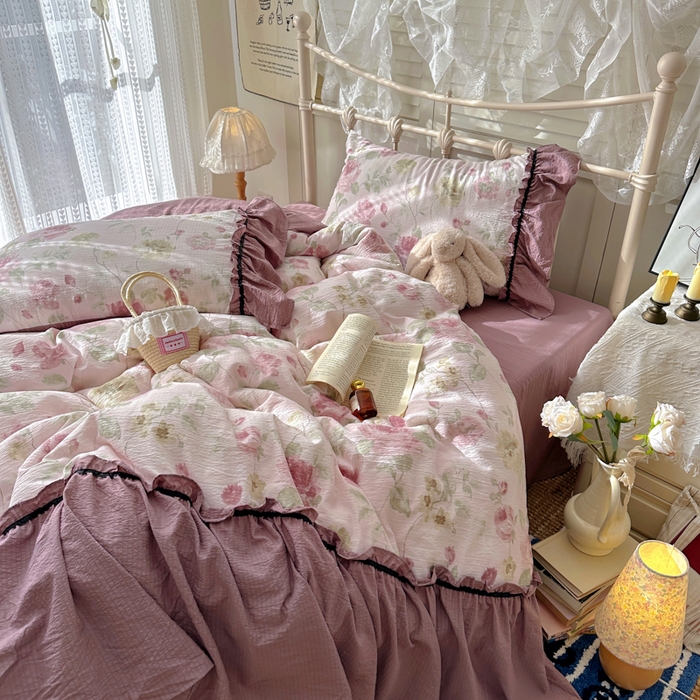 91家纺网 家纺一手货源 找家纺 阿曼达 2025新款韩系法式慵懒氛围感印花泡芙花边四件套（专版花型）-樱花泡芙 樱花泡芙-柔柔