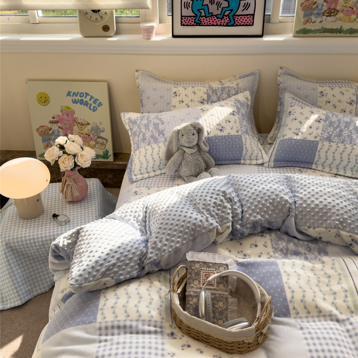 91家纺网 家纺一手货源 找家纺 佰亿莱 2026新款牛奶绒豆豆绒印花床盖四件套 百富蓝