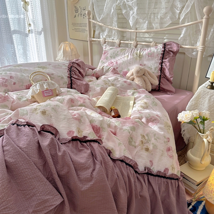 91家纺网 家纺一手货源 找家纺 阿曼达 2025新款韩系法式慵懒氛围感印花泡芙花边四件套（专版花型）-樱花泡芙 樱花泡芙-柔柔