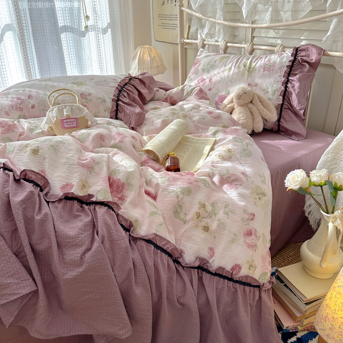 91家纺网 家纺一手货源 找家纺 阿曼达 2025新款韩系法式慵懒氛围感印花泡芙花边四件套（专版花型）-樱花泡芙 樱花泡芙-柔柔