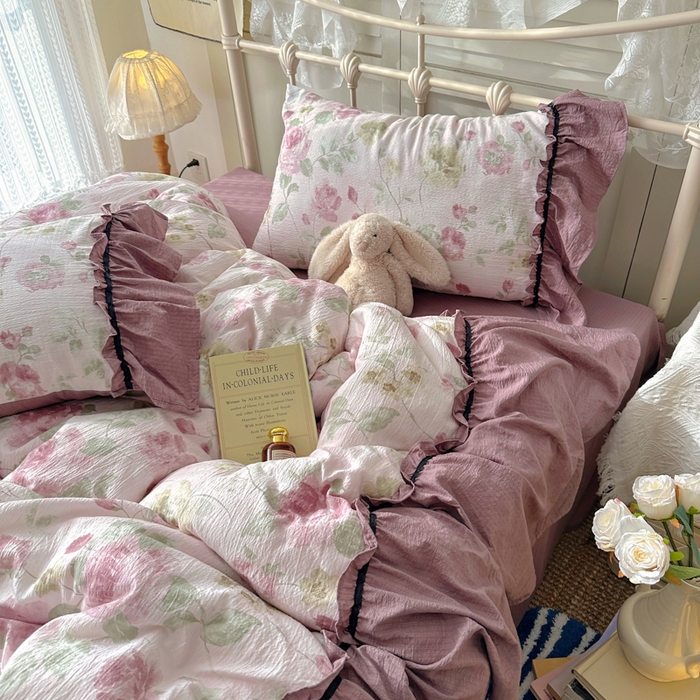 91家纺网 家纺一手货源 找家纺 阿曼达 2025新款韩系法式慵懒氛围感印花泡芙花边四件套（专版花型）-樱花泡芙 樱花泡芙-柔柔