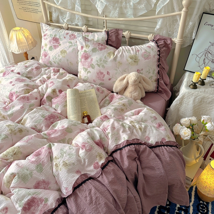 91家纺网 家纺一手货源 找家纺 阿曼达 2025新款韩系法式慵懒氛围感印花泡芙花边四件套（专版花型）-樱花泡芙 樱花泡芙-柔柔