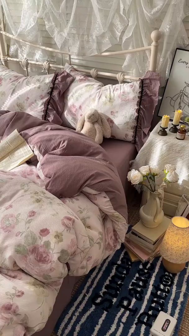 91家纺网 家纺一手货源 找家纺 阿曼达 2025新款韩系法式慵懒氛围感印花泡芙花边四件套（专版花型）-樱花泡芙 樱花泡芙-柔柔