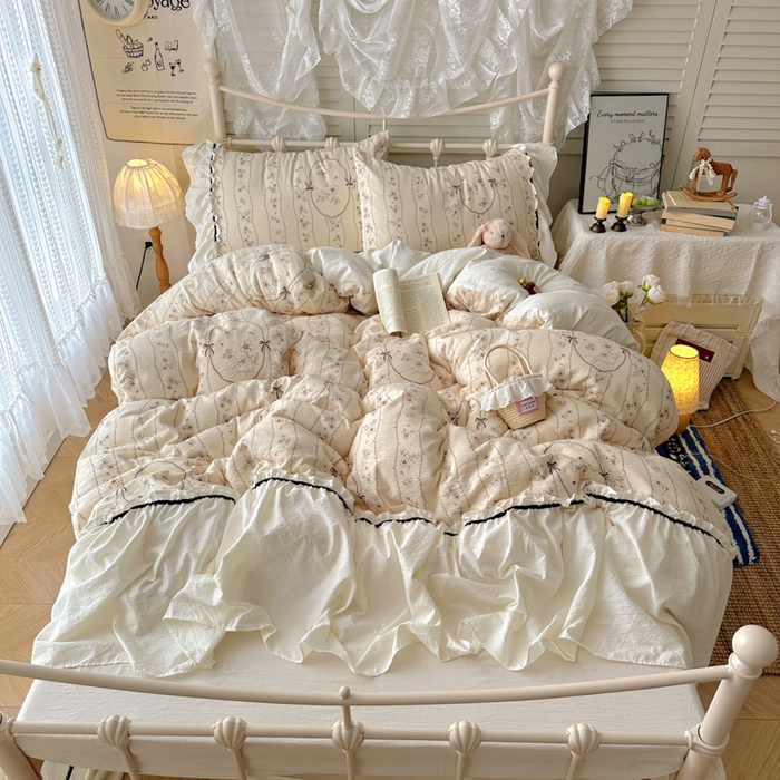 阿曼达 2025新款韩系法式慵懒氛围感印花泡芙花边四件套（专版花型）-樱花泡芙 樱花泡芙-香榭