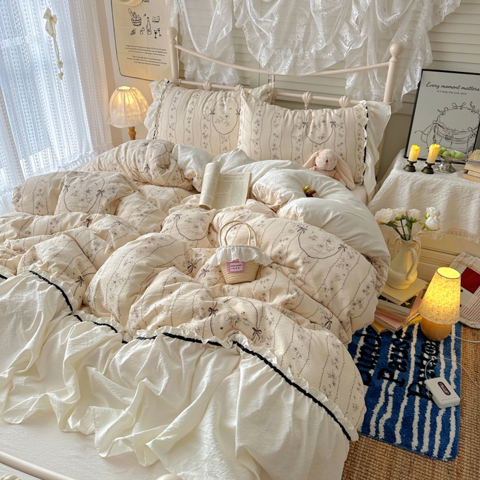 91家纺网 家纺一手货源 找家纺 阿曼达 2025新款韩系法式慵懒氛围感印花泡芙花边四件套（专版花型）-樱花泡芙 樱花泡芙-香榭