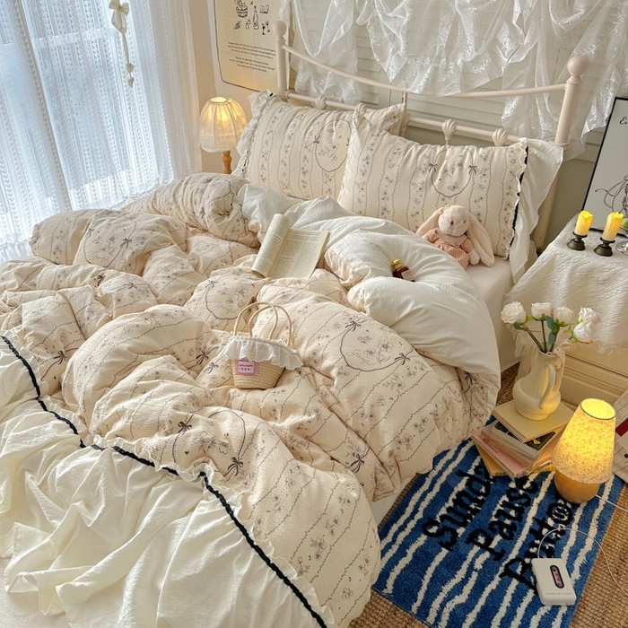 91家纺网 家纺一手货源 找家纺 阿曼达 2025新款韩系法式慵懒氛围感印花泡芙花边四件套（专版花型）-樱花泡芙 樱花泡芙-香榭