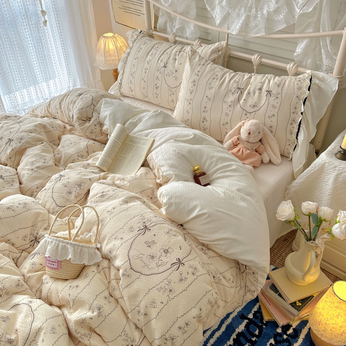 91家纺网 家纺一手货源 找家纺 阿曼达 2025新款韩系法式慵懒氛围感印花泡芙花边四件套（专版花型）-樱花泡芙 樱花泡芙-香榭