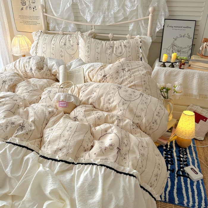 91家纺网 家纺一手货源 找家纺 阿曼达 2025新款韩系法式慵懒氛围感印花泡芙花边四件套（专版花型）-樱花泡芙 樱花泡芙-香榭