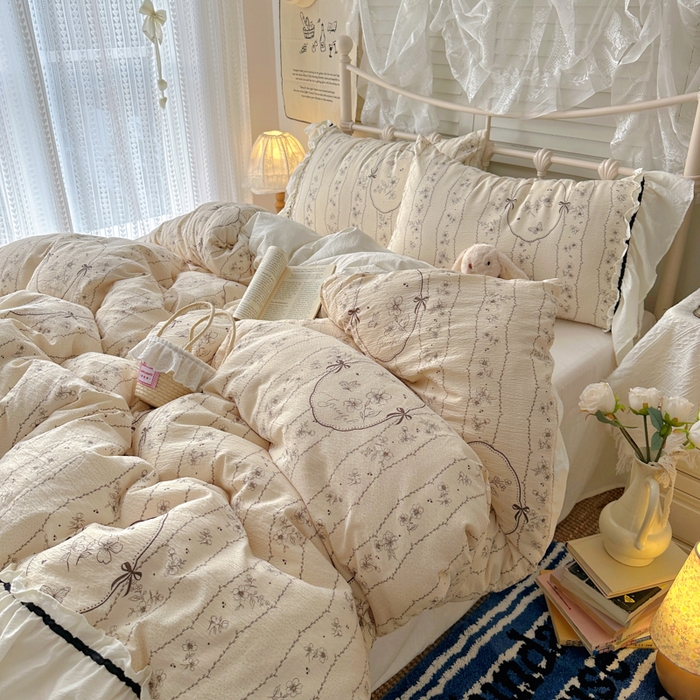 91家纺网 家纺一手货源 找家纺 阿曼达 2025新款韩系法式慵懒氛围感印花泡芙花边四件套（专版花型）-樱花泡芙 樱花泡芙-香榭