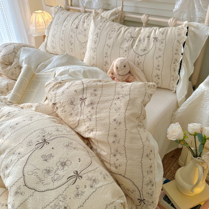 91家纺网 家纺一手货源 找家纺 阿曼达 2025新款韩系法式慵懒氛围感印花泡芙花边四件套（专版花型）-樱花泡芙 樱花泡芙-香榭