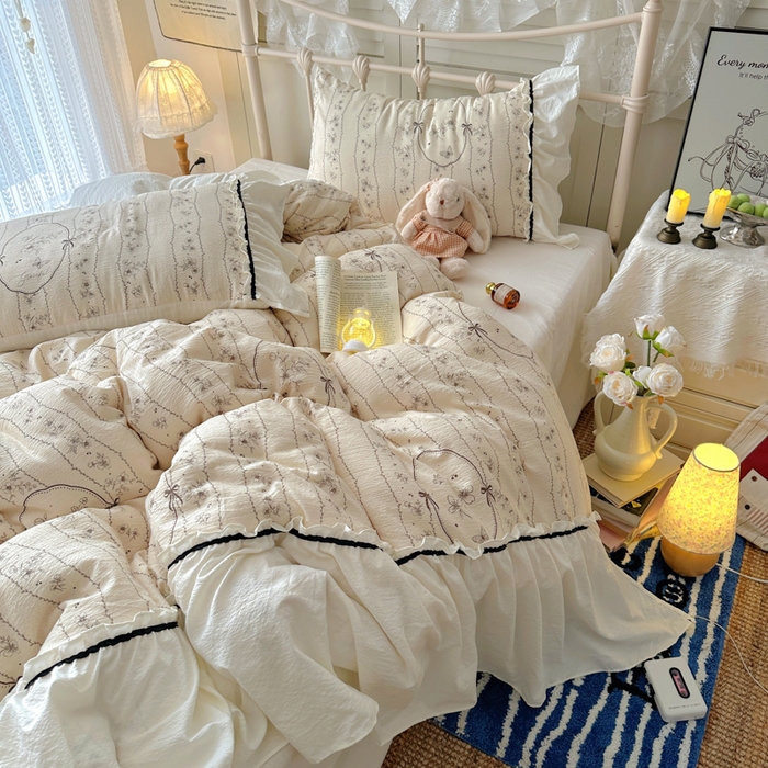 91家纺网 家纺一手货源 找家纺 阿曼达 2025新款韩系法式慵懒氛围感印花泡芙花边四件套（专版花型）-樱花泡芙 樱花泡芙-香榭