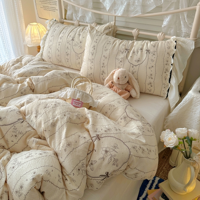 91家纺网 家纺一手货源 找家纺 阿曼达 2025新款韩系法式慵懒氛围感印花泡芙花边四件套（专版花型）-樱花泡芙 樱花泡芙-香榭