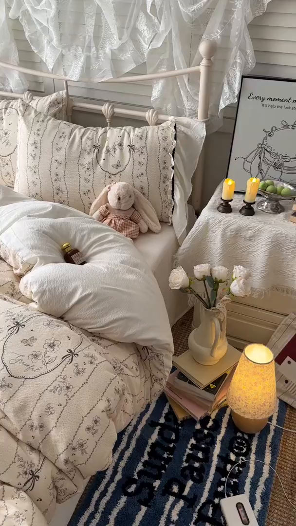 91家纺网 家纺一手货源 找家纺 阿曼达 2025新款韩系法式慵懒氛围感印花泡芙花边四件套（专版花型）-樱花泡芙 樱花泡芙-香榭