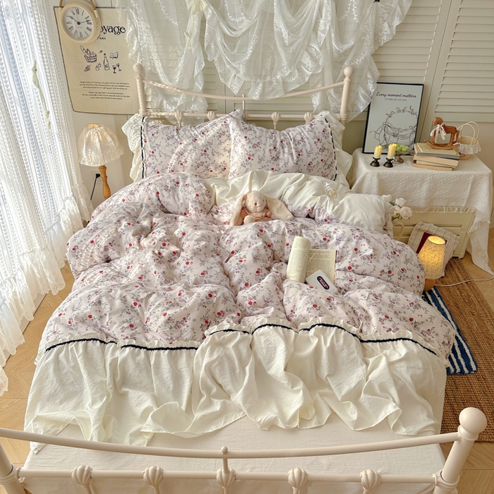 阿曼达 2025新款韩系法式慵懒氛围感印花泡芙花边四件套（专版花型）-樱花泡芙 樱花泡芙-原里红