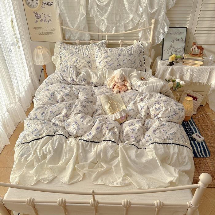 阿曼达 2025新款韩系法式慵懒氛围感印花泡芙花边四件套（专版花型）-樱花泡芙 樱花泡芙-原里蓝