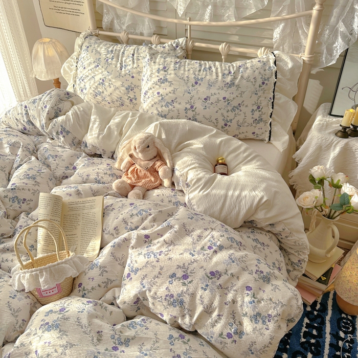 91家纺网 家纺一手货源 找家纺 阿曼达 2025新款韩系法式慵懒氛围感印花泡芙花边四件套（专版花型）-樱花泡芙 樱花泡芙-原里蓝