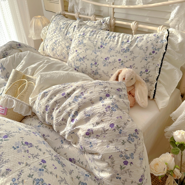 91家纺网 家纺一手货源 找家纺 阿曼达 2025新款韩系法式慵懒氛围感印花泡芙花边四件套（专版花型）-樱花泡芙 樱花泡芙-原里蓝