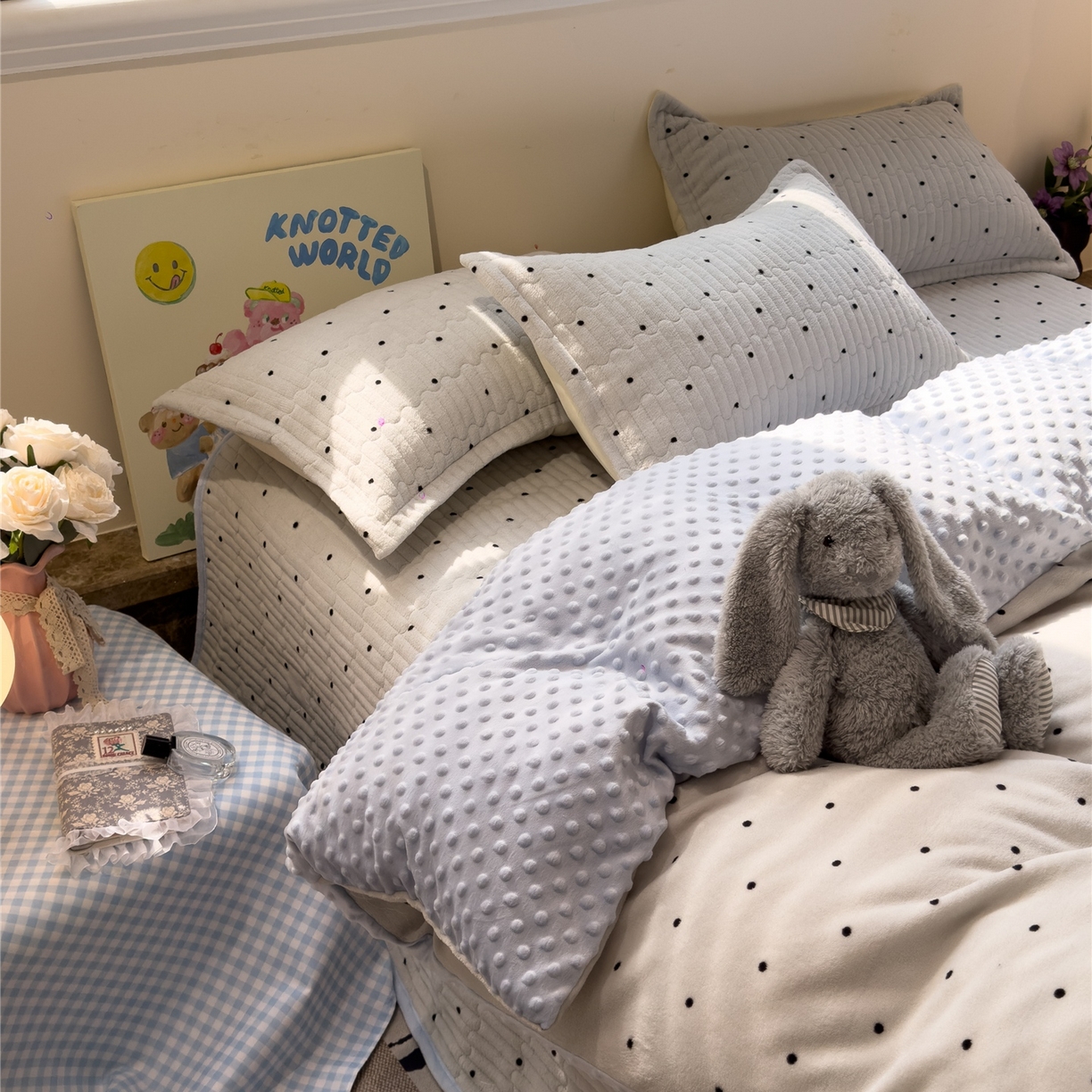 91家纺网 家纺一手货源 找家纺 佰亿莱 2026新款牛奶绒豆豆绒印花床盖四件套 可可蓝