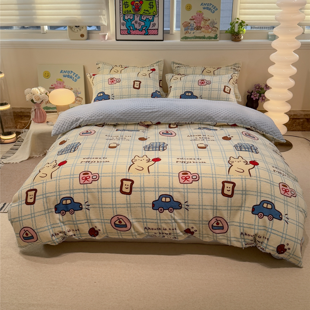 91家纺网 家纺一手货源 找家纺 佰亿莱 2026新款牛奶绒豆豆绒印花床盖四件套 猫咪酱