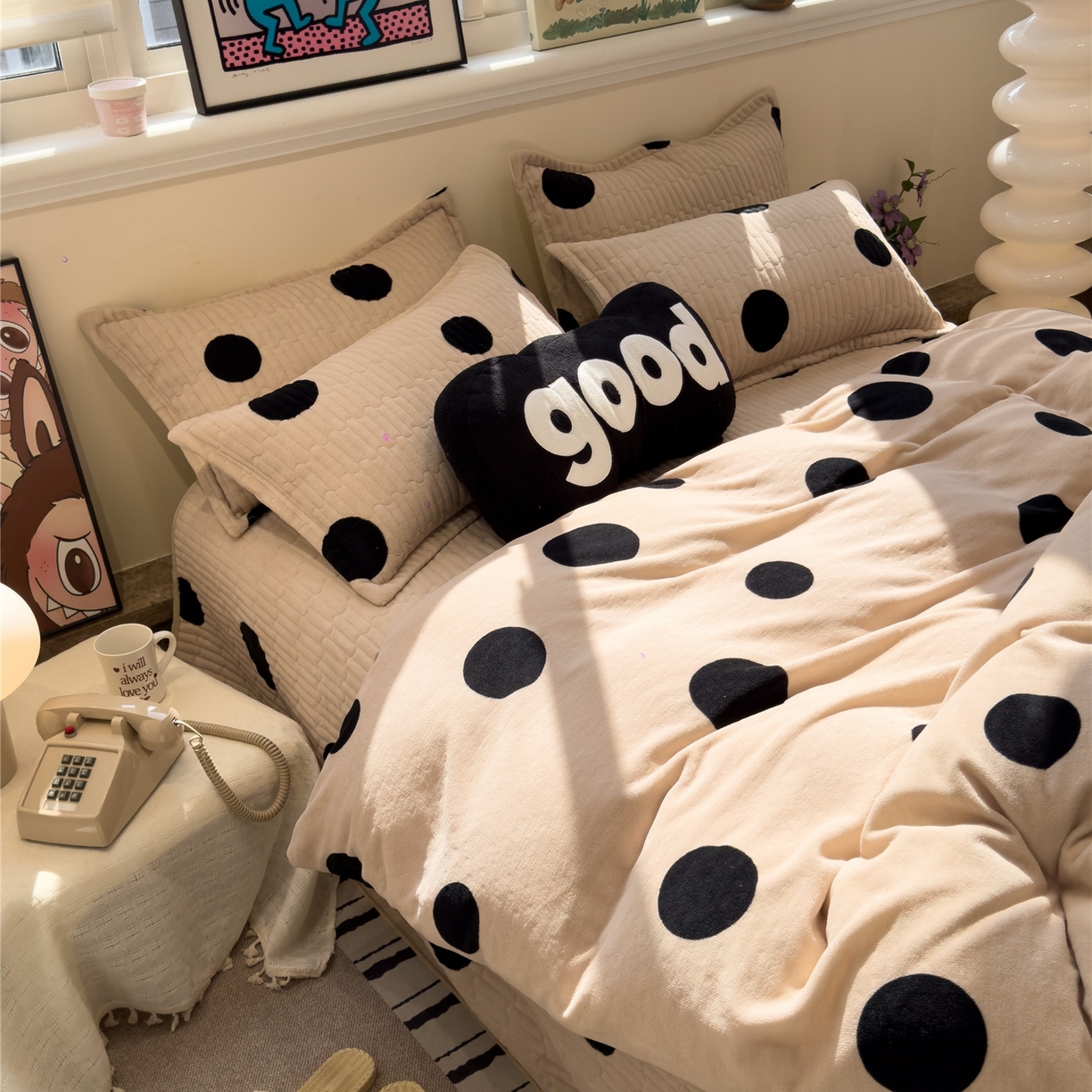 91家纺网 家纺一手货源 找家纺 佰亿莱 2026新款牛奶绒豆豆绒印花床盖四件套 奶油波波