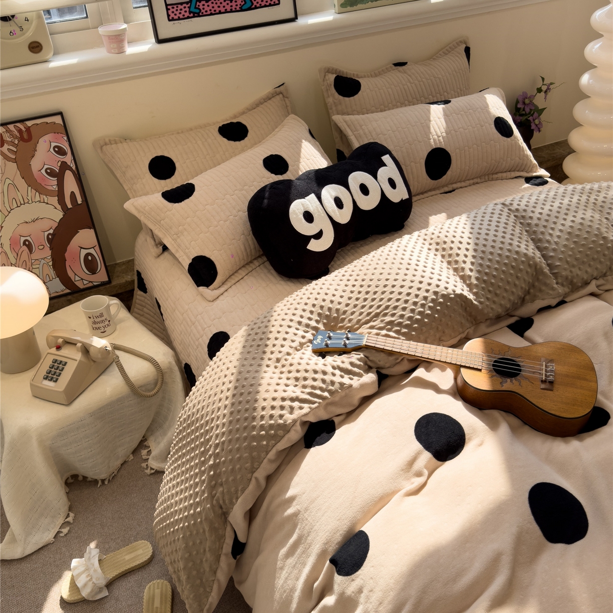 91家纺网 家纺一手货源 找家纺 佰亿莱 2026新款牛奶绒豆豆绒印花床盖四件套 奶油波波