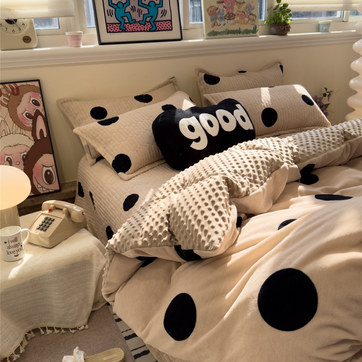 91家纺网 家纺一手货源 找家纺 佰亿莱 2026新款牛奶绒豆豆绒印花床盖四件套 奶油波波