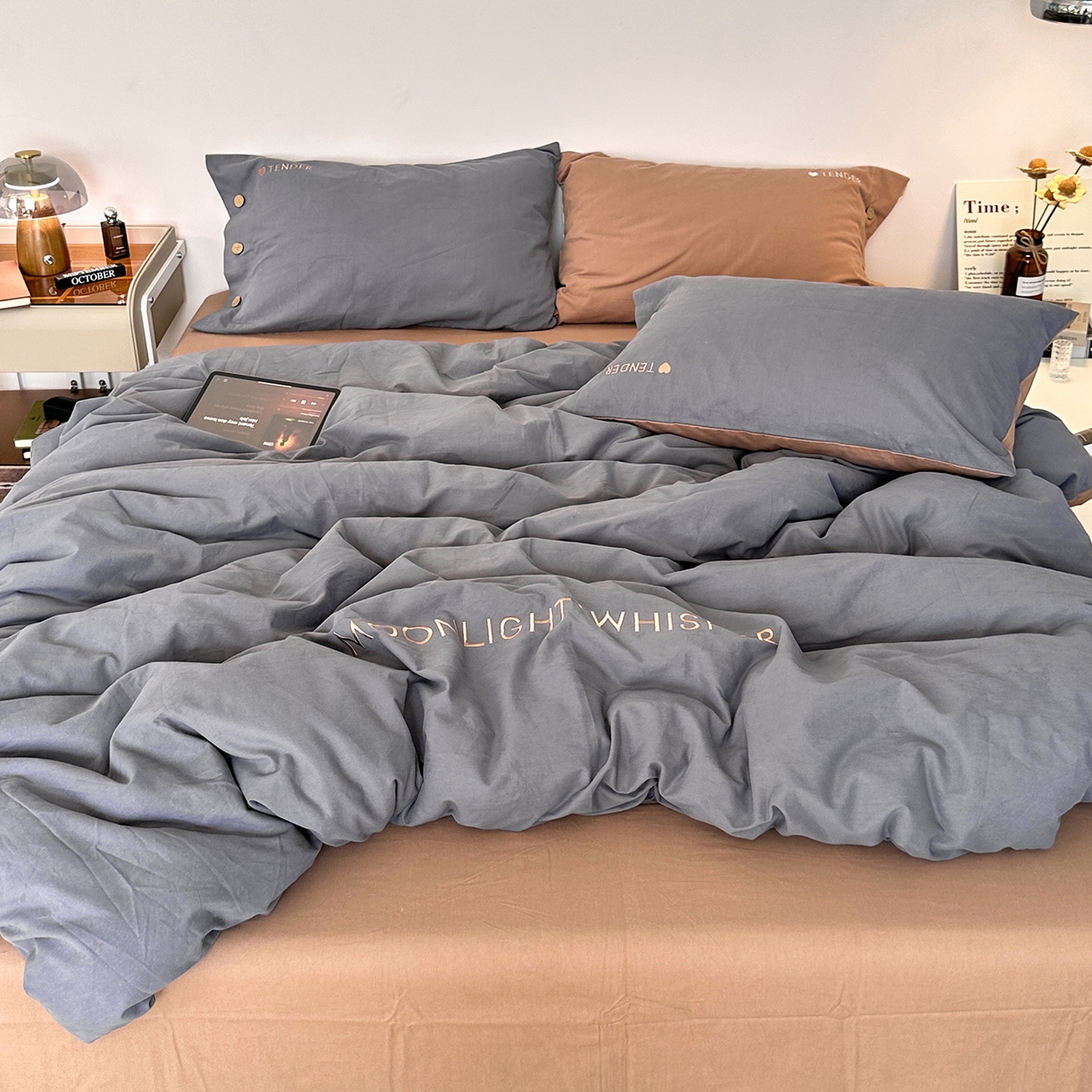 91家纺网 家纺一手货源 找家纺 艾咪-Amy ntmy 2025秋冬纽扣款全棉加厚磨毛刺绣四件套-漫月 漫月灰咖