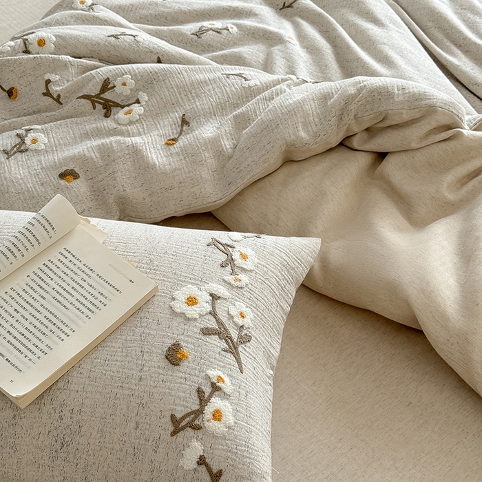 91家纺网 家纺一手货源 找家纺 （总）Mr.pig猪先生水洗棉 2025新款A版色织双层纱B版棉麻四件套-小雏菊