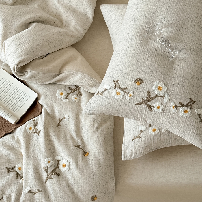 91家纺网 家纺一手货源 找家纺 （总）Mr.pig猪先生水洗棉 2025新款A版色织双层纱B版棉麻四件套-小雏菊