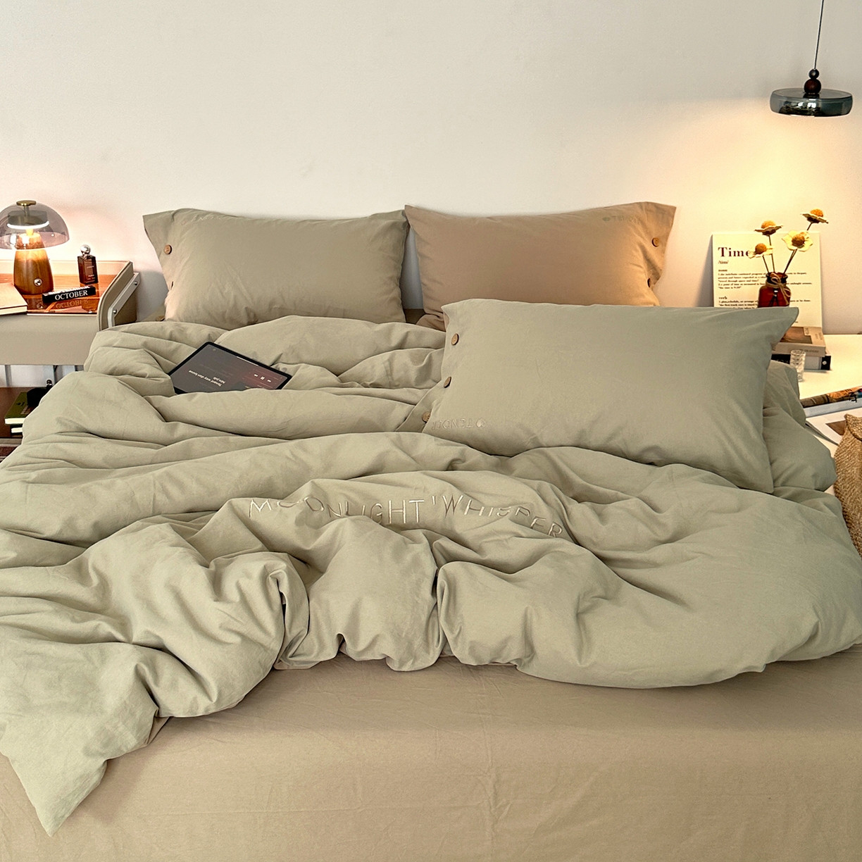 艾咪-Amy ntmy 2025秋冬纽扣款全棉加厚磨毛刺绣四件套-漫月 漫月绿卡