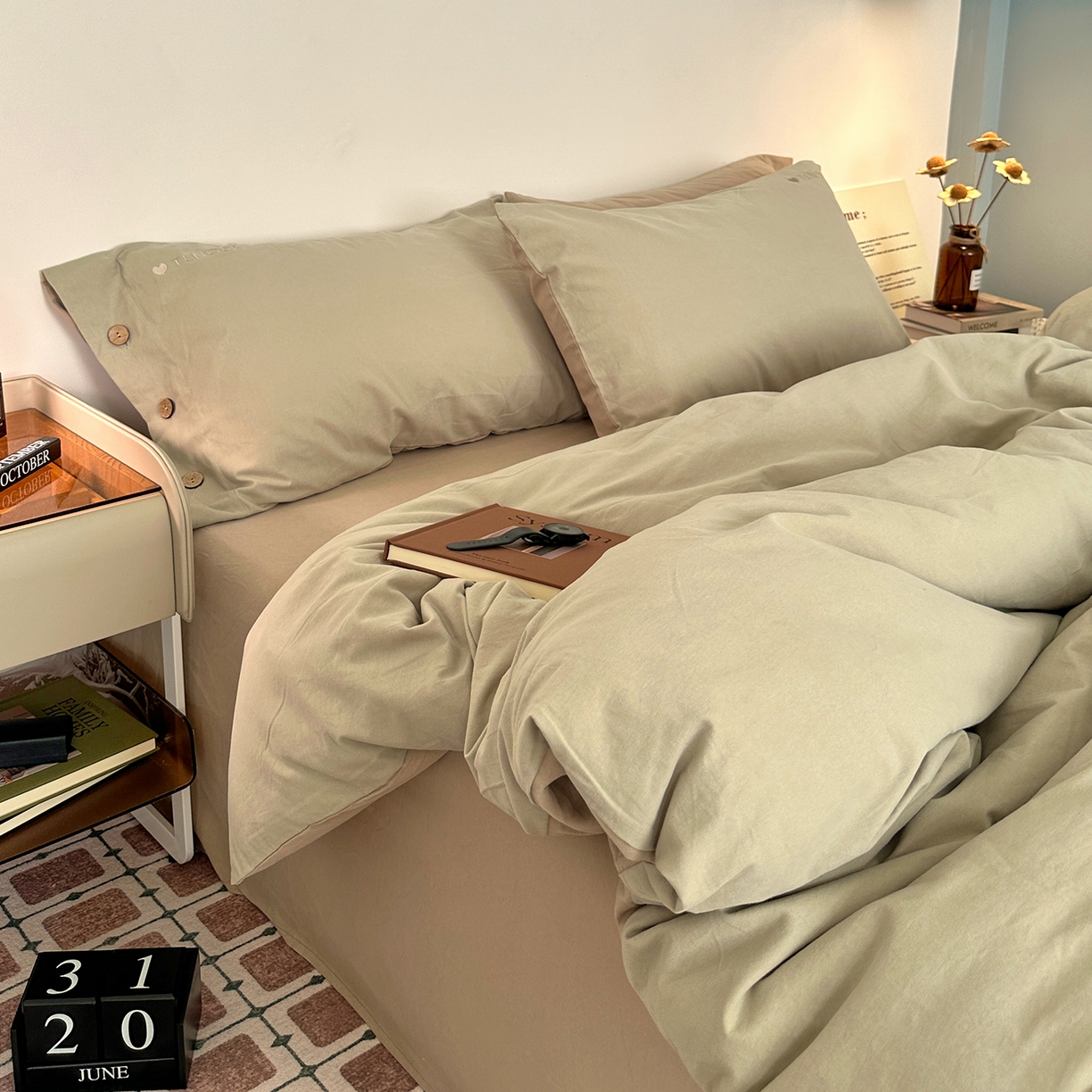 91家纺网 家纺一手货源 找家纺 艾咪-Amy ntmy 2025秋冬纽扣款全棉加厚磨毛刺绣四件套-漫月 漫月绿卡