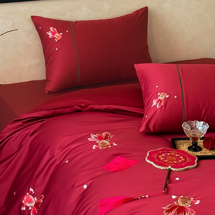 91家纺网 家纺一手货源 找家纺 （总）Mr.pig猪先生水洗棉 2025新款婚庆长绒棉贡缎绣花四件套-禧时