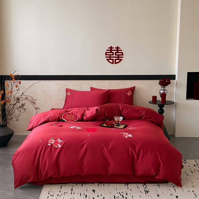 91家纺网 家纺一手货源 找家纺 （总）Mr.pig猪先生水洗棉 2025新款婚庆长绒棉贡缎绣花四件套-禧时