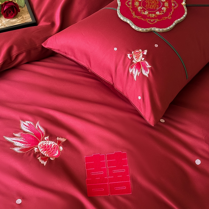 91家纺网 家纺一手货源 找家纺 （总）Mr.pig猪先生水洗棉 2025新款婚庆长绒棉贡缎绣花四件套-禧时