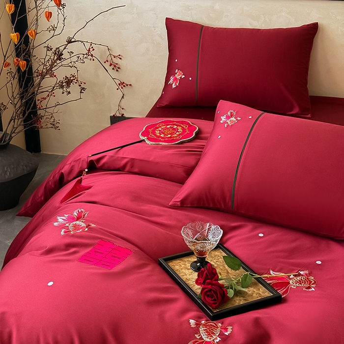 91家纺网 家纺一手货源 找家纺 （总）Mr.pig猪先生水洗棉 2025新款婚庆长绒棉贡缎绣花四件套-禧时