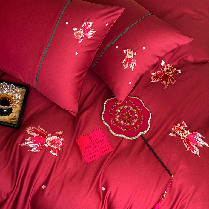 91家纺网 家纺一手货源 找家纺 （总）Mr.pig猪先生水洗棉 2025新款婚庆长绒棉贡缎绣花四件套-禧时