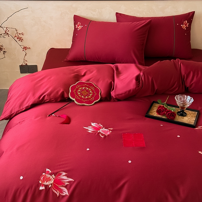 91家纺网 家纺一手货源 找家纺 （总）Mr.pig猪先生水洗棉 2025新款婚庆长绒棉贡缎绣花四件套-禧时